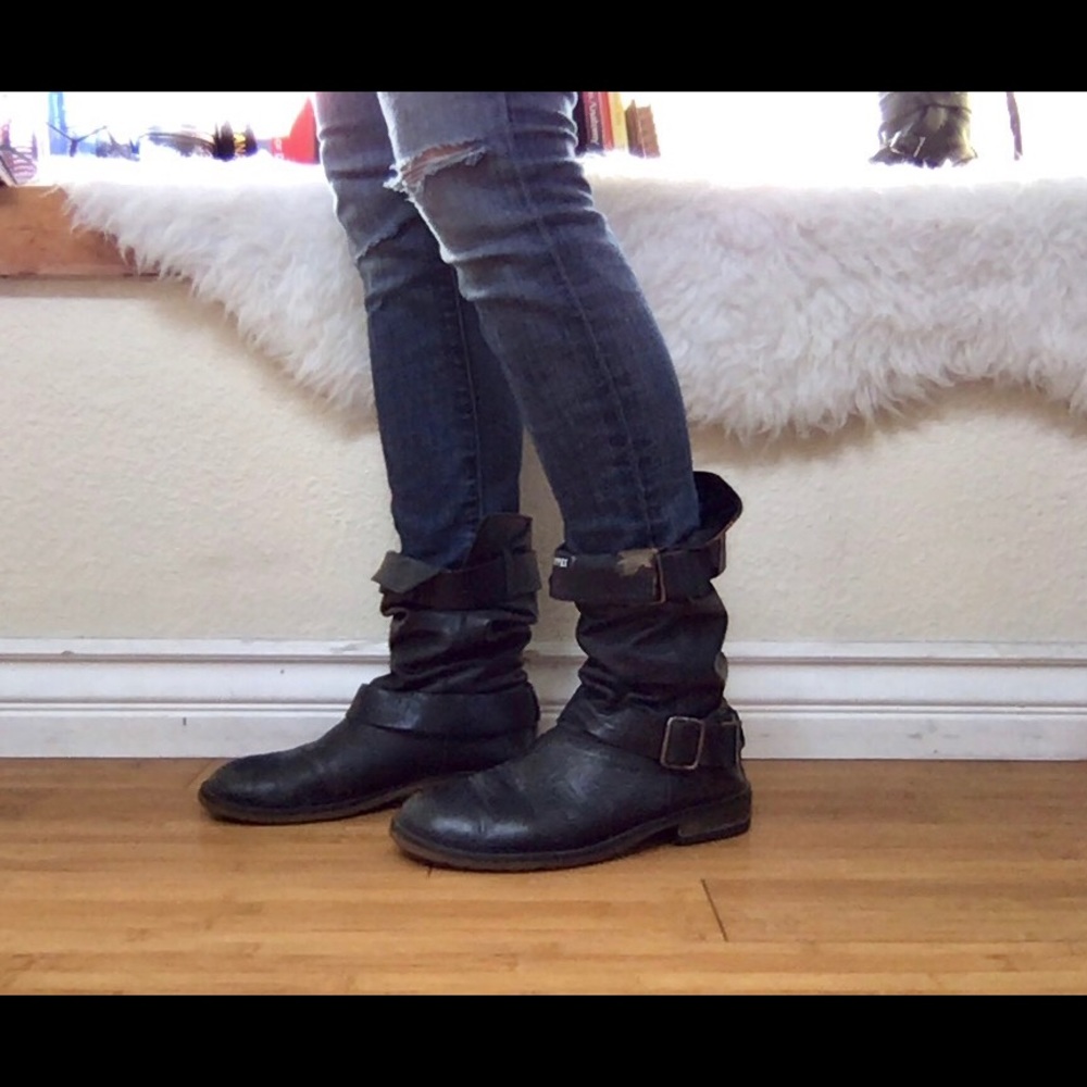 Dark blue leather moto boots